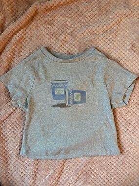 aerie Heather Gray Short Sleeve Tee with Blue Graphic Canisters